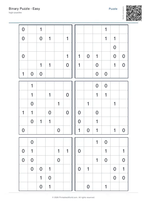 Free printable binary puzzle — Hard — PDF download