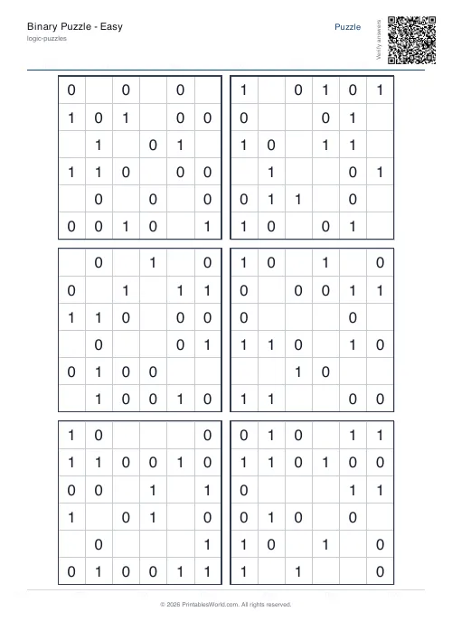 Free printable binary puzzle — 6x6 — PDF download