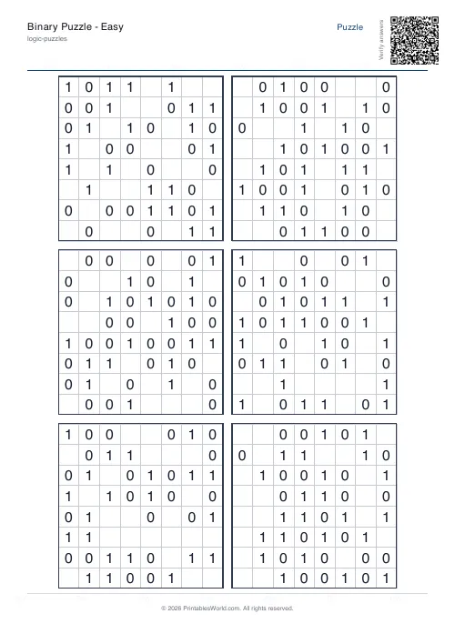 Free printable binary puzzle — 8x8 — PDF download