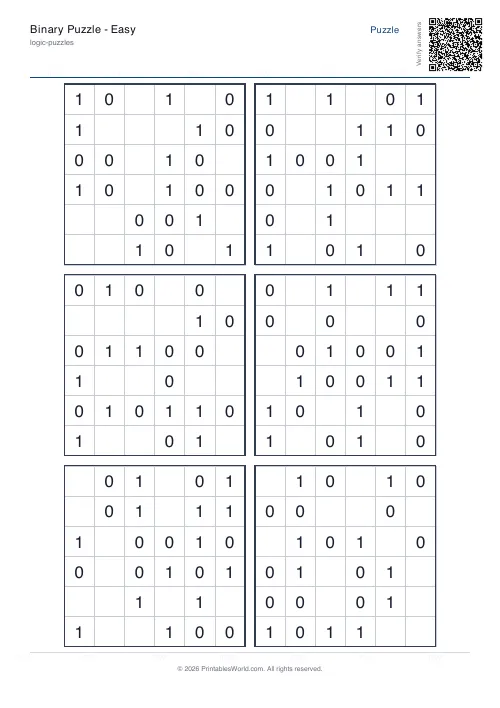 Free printable binary puzzle — Easy, with answer key — PDF download