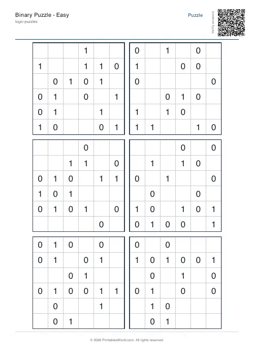 Free printable binary puzzle — Medium, with answer key — PDF download