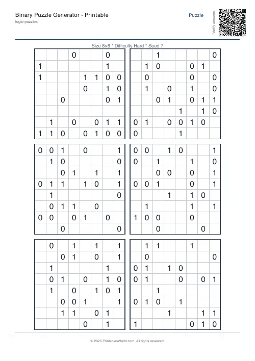 Free printable binary puzzle — Hard, with answer key — PDF download