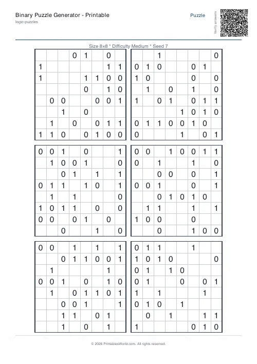 Free printable binary puzzle — Medium — PDF download