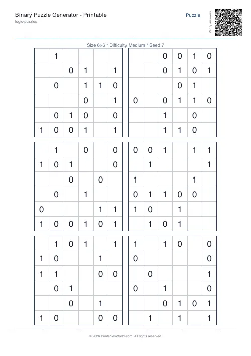 Free printable binary puzzle — 6x6 — PDF download