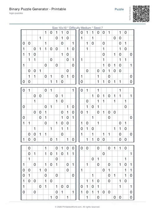 Free printable binary puzzle — 10x10 — PDF download