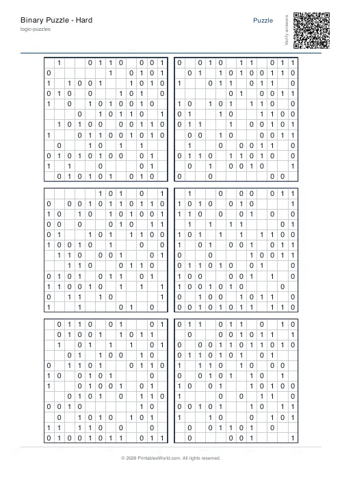 Free printable binary puzzle — Easy — PDF download