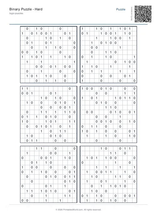 Free printable binary puzzle — Hard, with answer key — PDF download