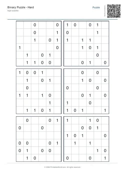 Free printable binary puzzle — 6x6, with answer key — PDF download