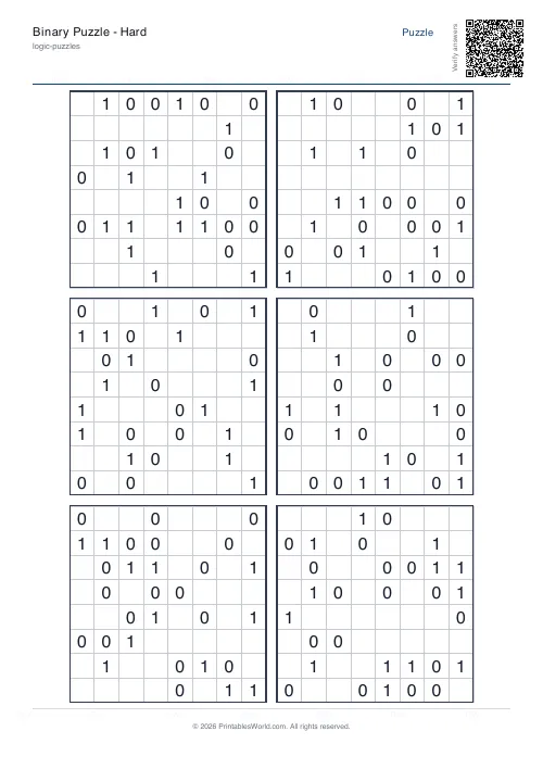 Free printable binary puzzle — 8x8, with answer key — PDF download
