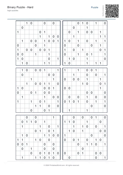 Free printable binary puzzle — 10x10, with answer key — PDF download
