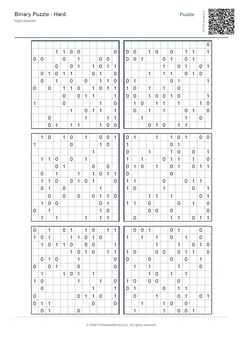 Free printable binary puzzle — 12x12, with answer key — PDF download