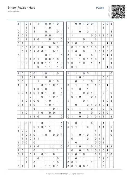 Free printable binary puzzle — Medium — PDF download