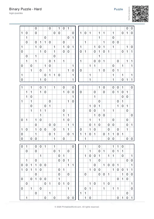 Free printable binary puzzle — Hard — PDF download