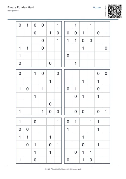 Free printable binary puzzle — 6x6 — PDF download