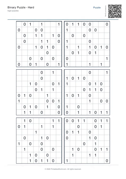 Free printable binary puzzle — 8x8 — PDF download