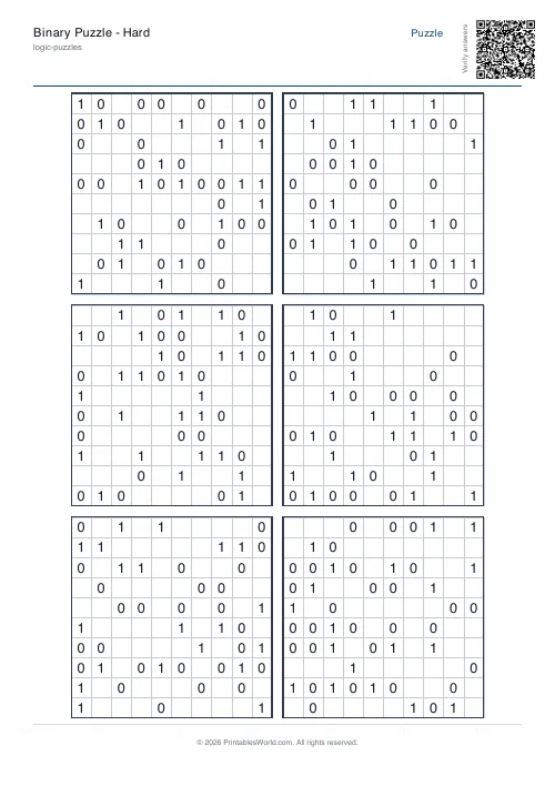 Free printable binary puzzle — 10x10 — PDF download