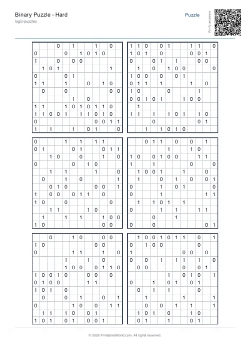 Free printable binary puzzle — 12x12 — PDF download