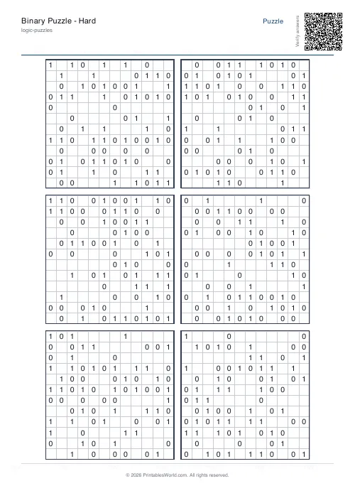 Free printable binary puzzle — Medium, with answer key — PDF download