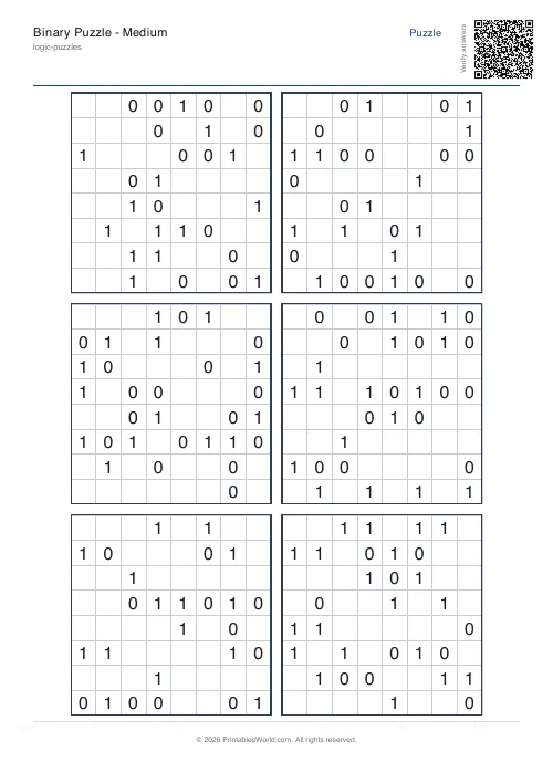 Free printable binary puzzle — Hard, with answer key — PDF download