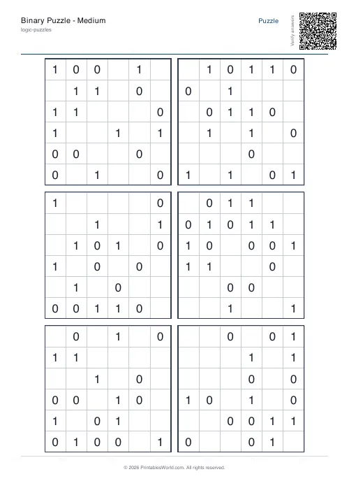 Free printable binary puzzle — 6x6, with answer key — PDF download