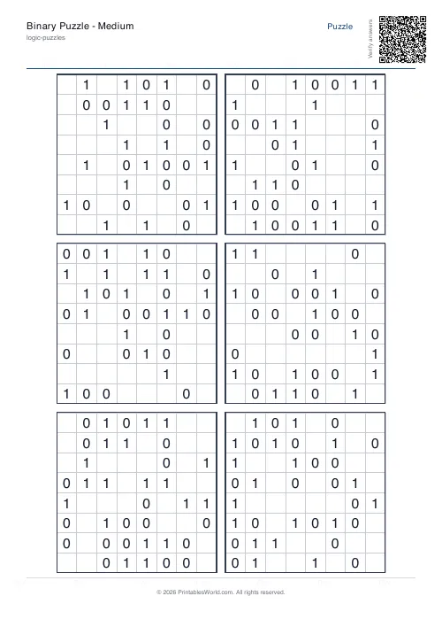 Free printable binary puzzle — 8x8, with answer key — PDF download
