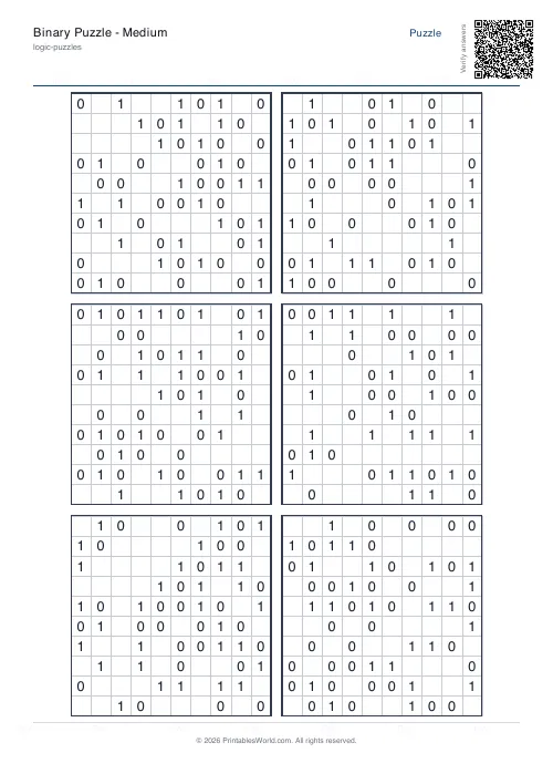 Free printable binary puzzle — 10x10, with answer key — PDF download