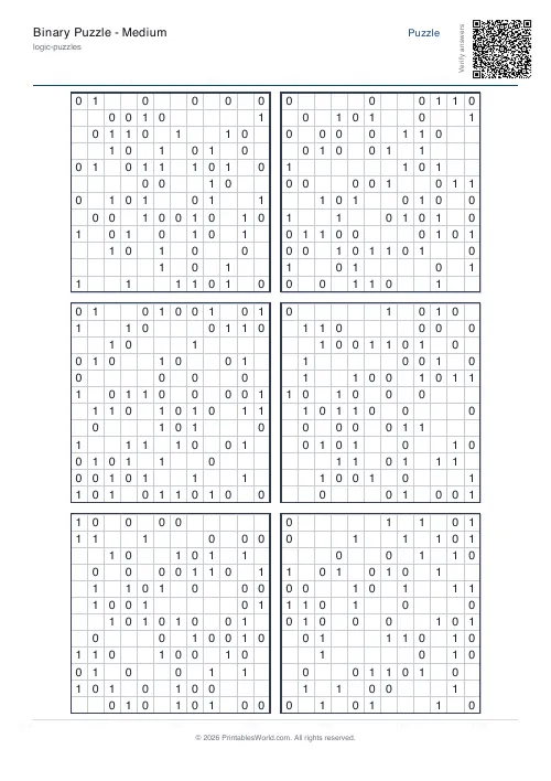 Free printable binary puzzle — 12x12, with answer key — PDF download