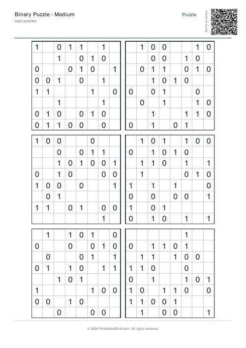 Free printable binary puzzle — Medium — PDF download