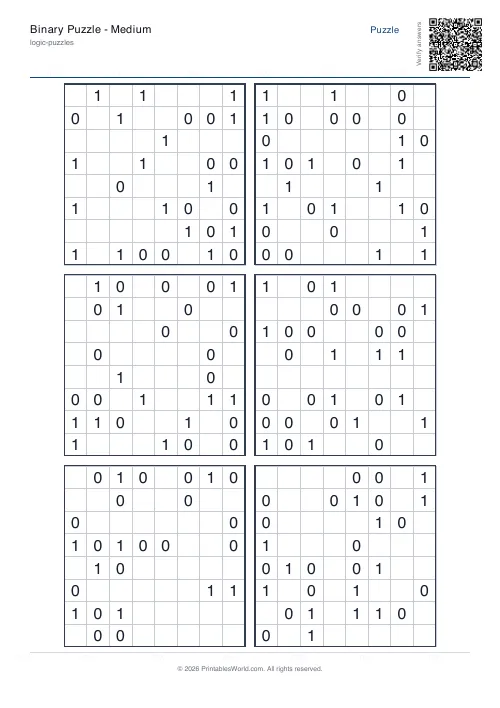 Free printable binary puzzle — Hard — PDF download