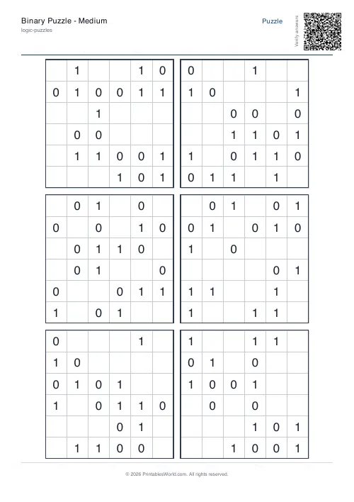 Free printable binary puzzle — 6x6 — PDF download