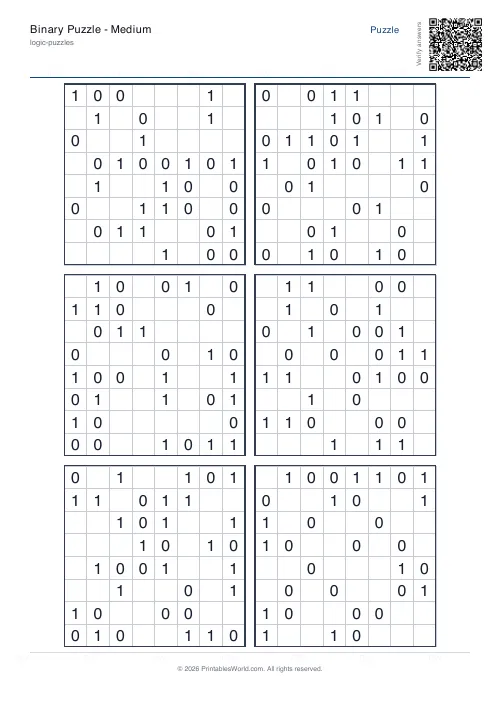 Free printable binary puzzle — 8x8 — PDF download