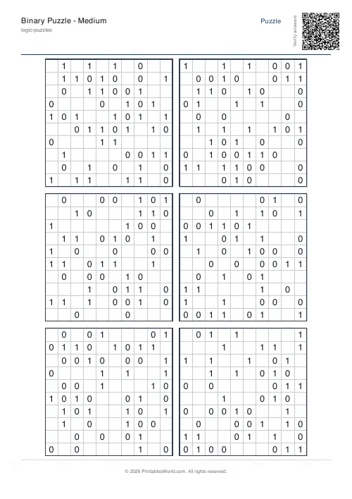 Free printable binary puzzle — 10x10 — PDF download