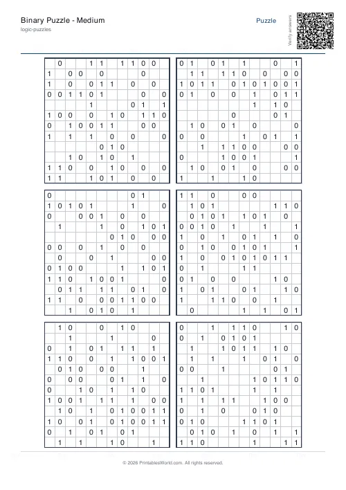 Free printable binary puzzle — 12x12 — PDF download