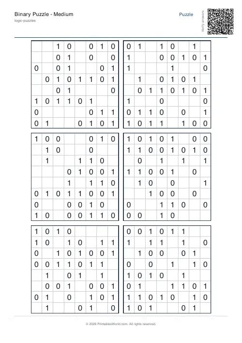 Free printable binary puzzle — Easy, with answer key — PDF download