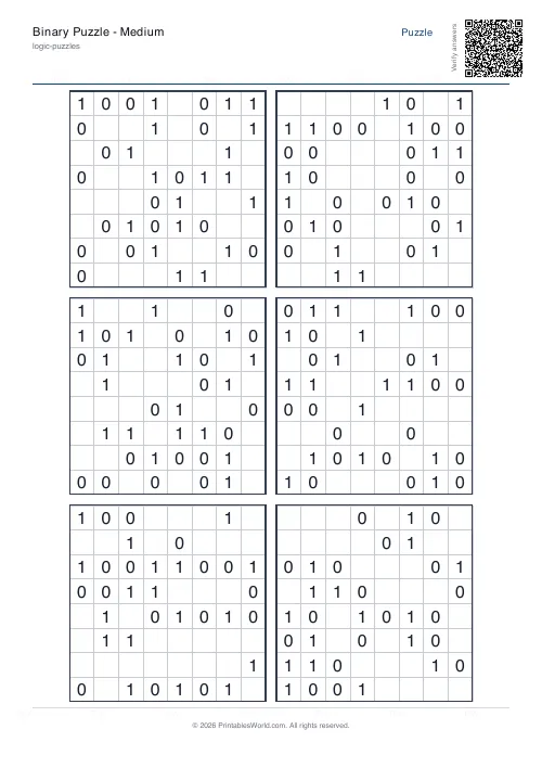 Free printable binary puzzle — Medium, with answer key — PDF download