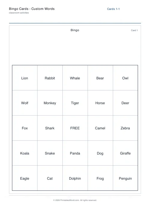Free printable bingo card — 1, with answer key — PDF download