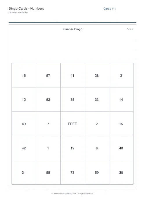 Free printable bingo card — 1, with answer key — PDF download