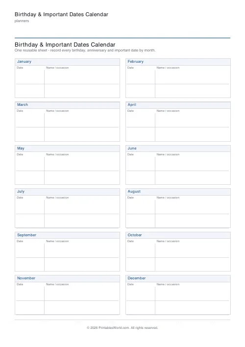 Free printable birthday and important dates calendar — 2 rows/month — PDF download