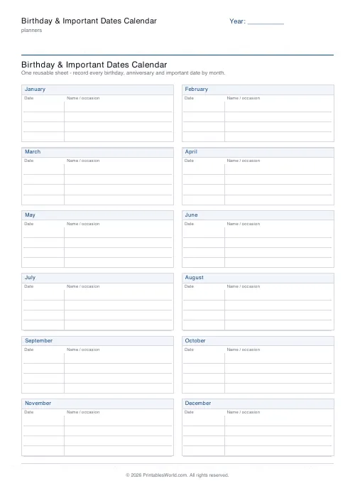 Free printable birthday and important dates calendar — With name/year — PDF download