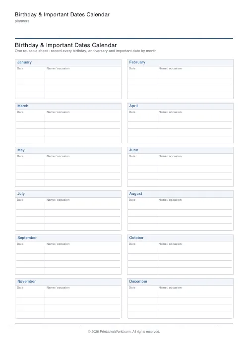 Free printable birthday and important dates calendar — No name/year — PDF download