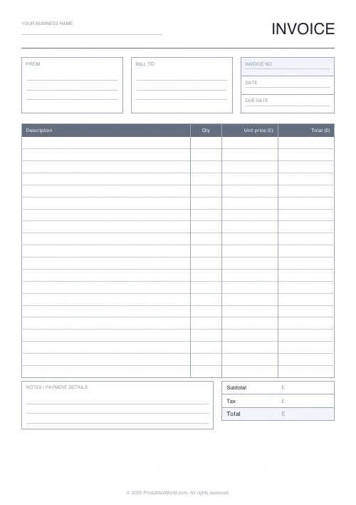 Free printable blank invoice sheet — 20 rows — PDF download