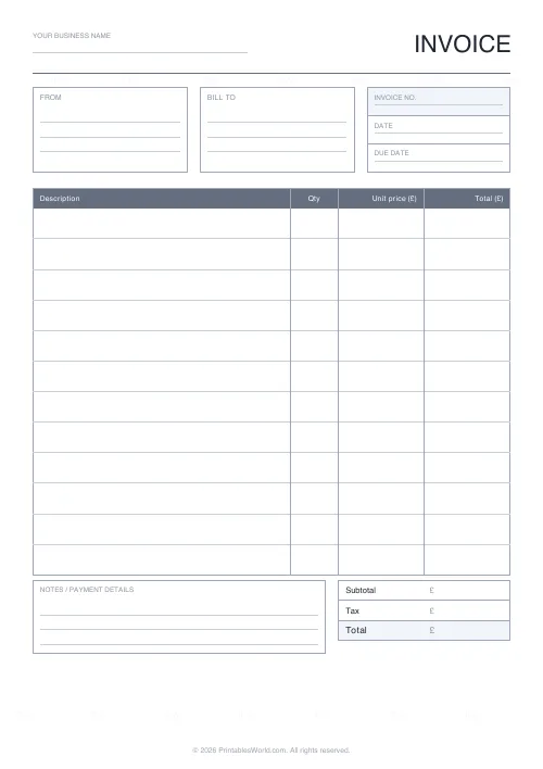 Free printable blank invoice sheet — Pounds (£) — PDF download