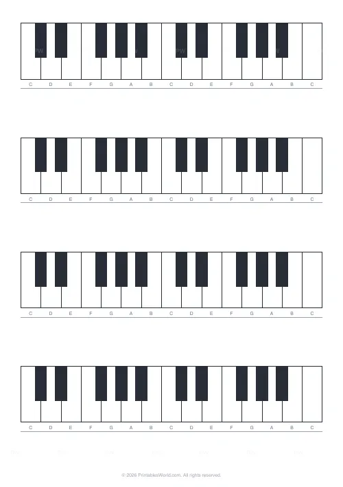 Free printable blank piano keyboard sheet — 4 keyboards — PDF download