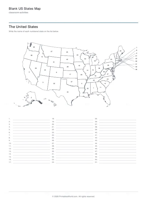 Free printable blank US map (Numbered states), PDF download