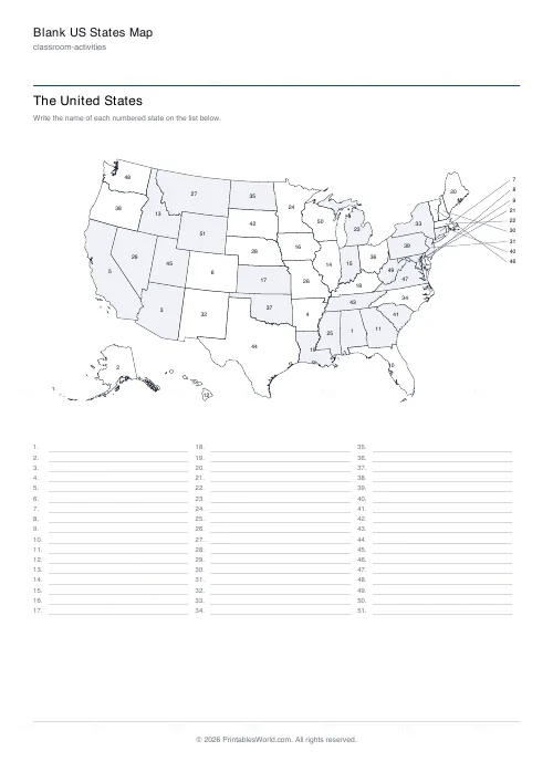 Free printable blank US map (shaded states), PDF download