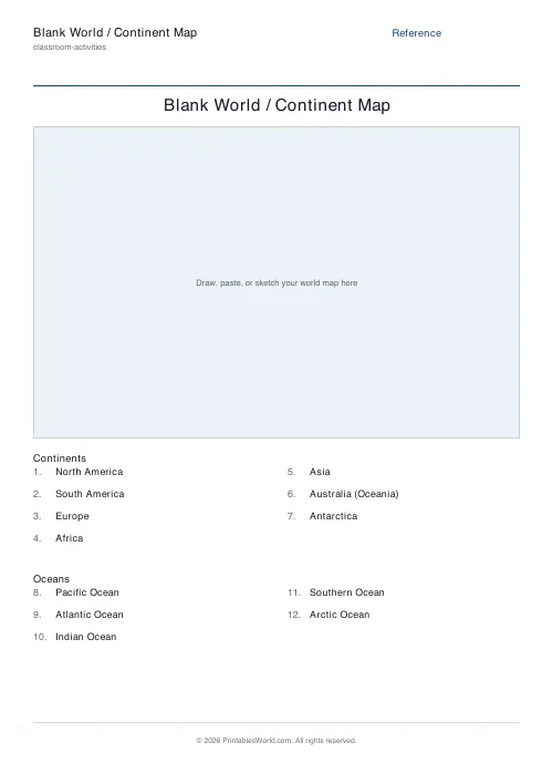 Free printable blank world map worksheet — Reference, with answer key — PDF download