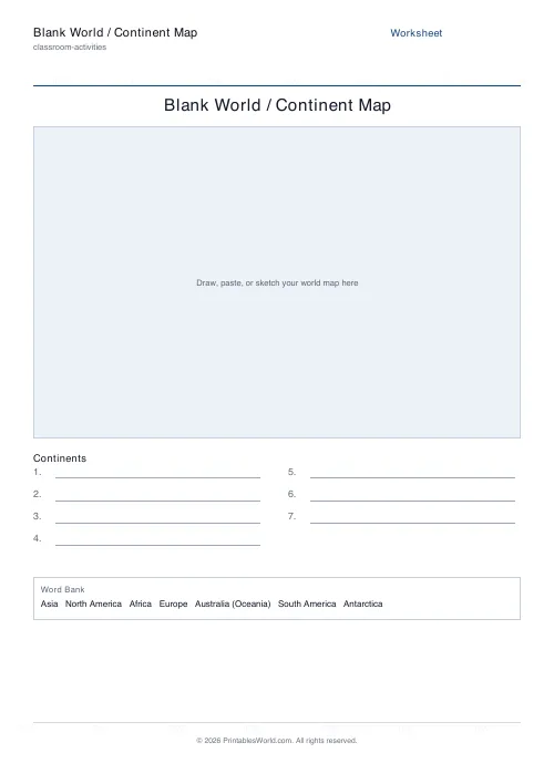 Free printable blank world map worksheet — With word bank, with answer key — PDF download