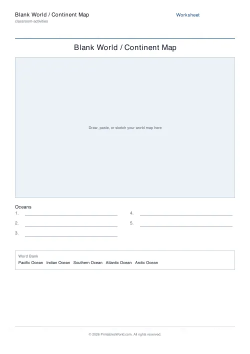Free printable blank world map worksheet — Oceans — PDF download