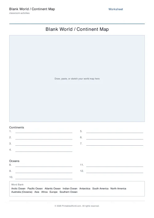 Free printable blank world map worksheet — Continents + oceans — PDF download