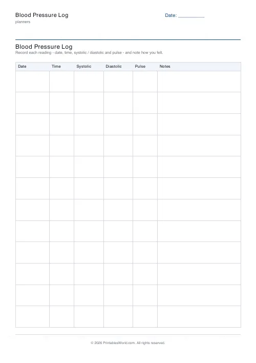 Free printable blood pressure log — 12 readings — PDF download
